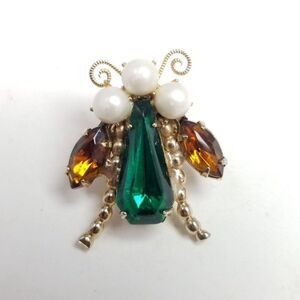 Vintage Little Fly Insect Bug Brooch, Rhinestone Body Faux Pearls, Retro Estate